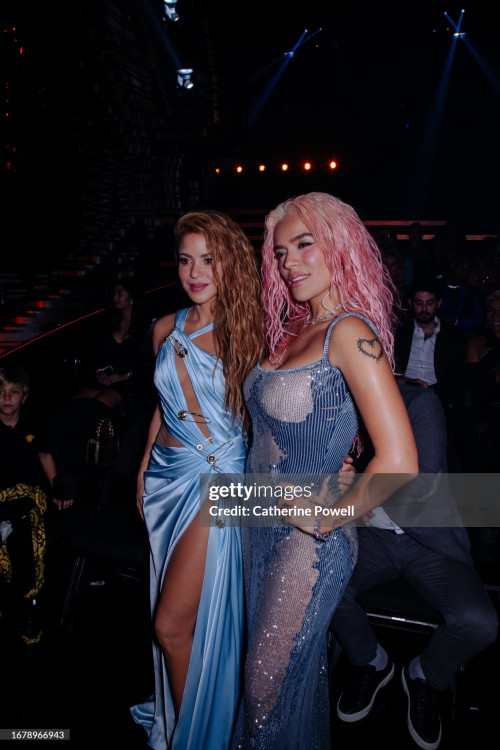NEWARK, NEW JERSEY - SEPTEMBER 12: Shakira and Karol G attend the 2023 MTV Video Music Awards at Pru