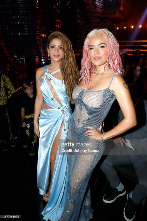 NEWARK, NEW JERSEY - SEPTEMBER 12: Shakira and Karol G attend the 2023 MTV Video Music Awards at Pru