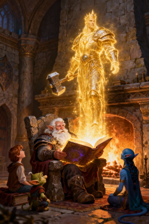 seedream 4.5 An elderly dwarf with a magnificent white beard sits in a stone chair by a roari 0