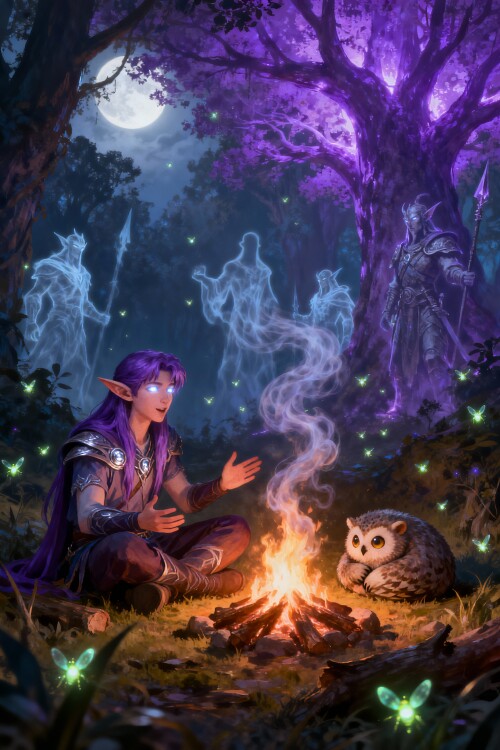 seedream 4.5 A young male night elf druid with long purple hair and glowing silver eyes sits 0